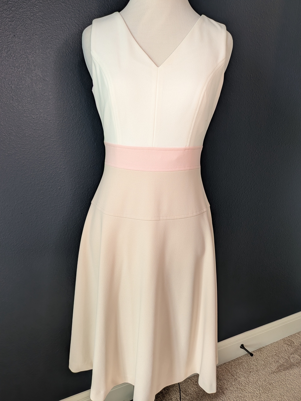 ANTONIO MELANI Two-Tone V-Neck Midi Dress in Ivory and Pale Pink